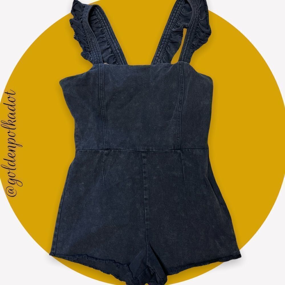 HONEY Punch Black Denim Ruffle Jumper Shorts Onesie Size Lg Retail $68 - Picture 6 of 8